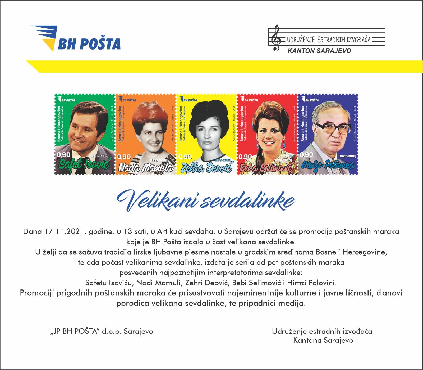 Velikani Sevdalinke Bh pošta i udružnje estradnih izvođača kantona sarajevo